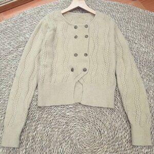 Beige Cable Knit Double Breasted Cardigan Vintage Gold Button